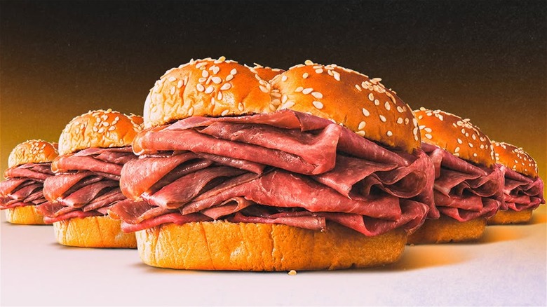 Group of five Arby's roast beef sandwiches
