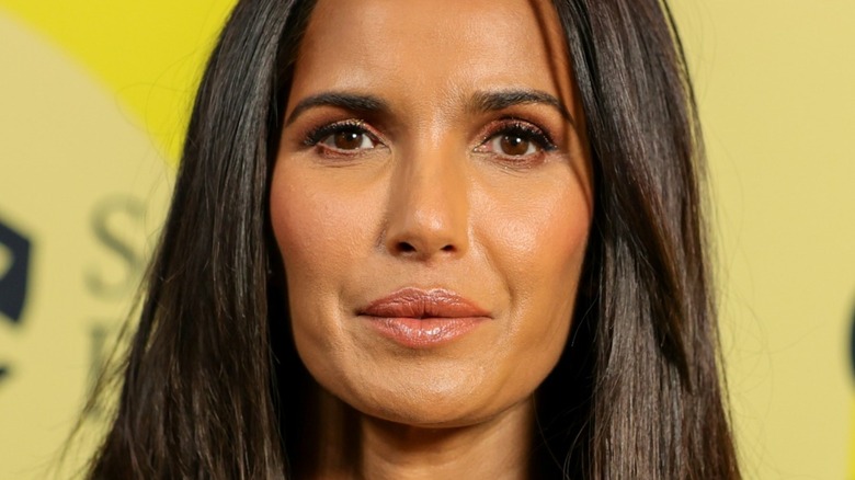 Padma Lakshmi with her hair down in front of yellow background