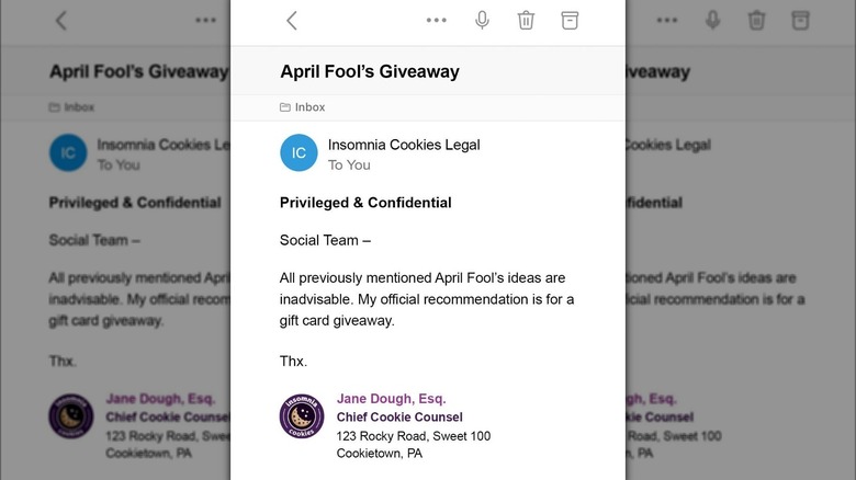 White email from Insomnia Cookies