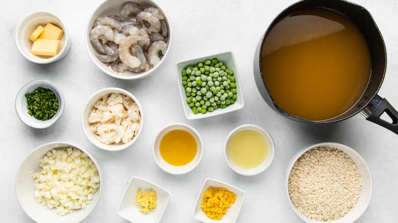 Seafood risotto al limone ingredients laid out
