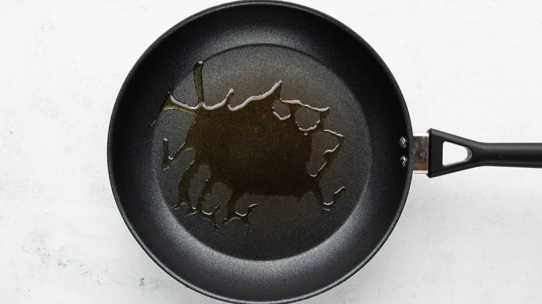 Oil heating in frying pan