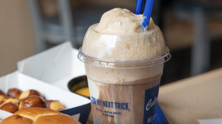 Culver's root beer float on a tray with a ButterBurger