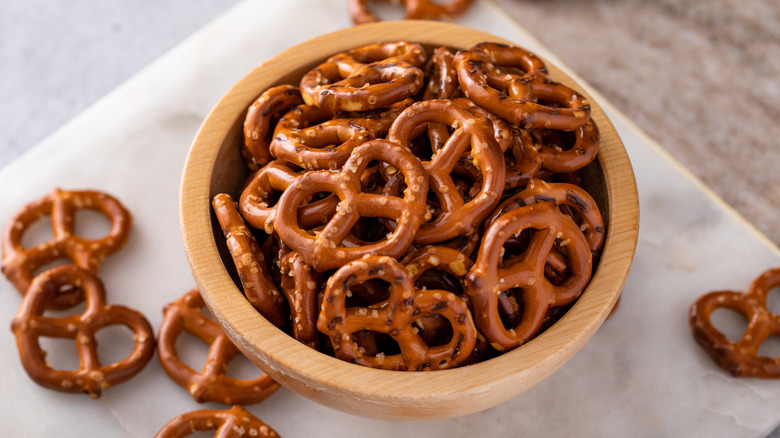 salted pretzels in wooden bowl