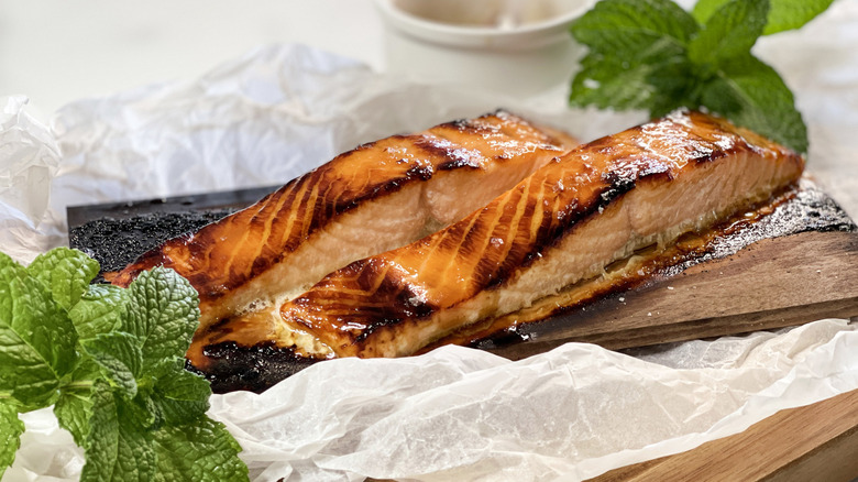maple bourbon glazed salmon filets with herbs