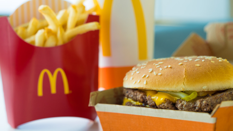 A McDonald's quarter pounder with cheese, with fries and a bag in the background.