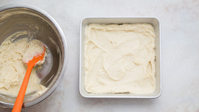 cake batter in square pan