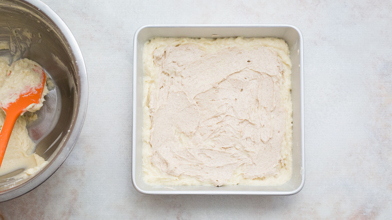 cake batter in square pan