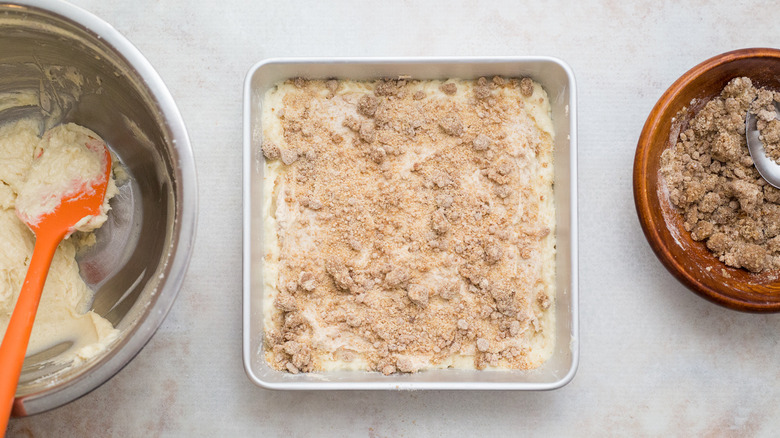 unbaked coffee cake in pan