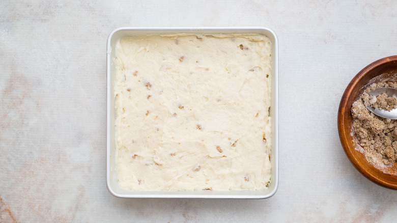 cake batter in square pan
