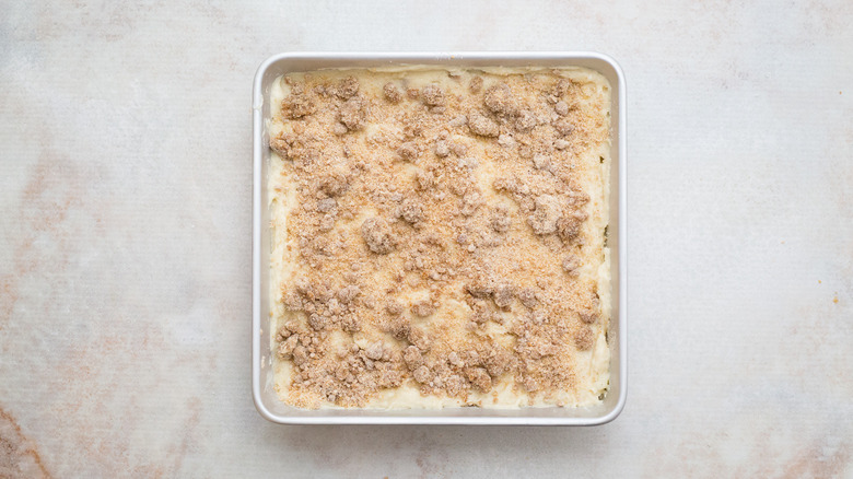unbaked coffee cake in pan