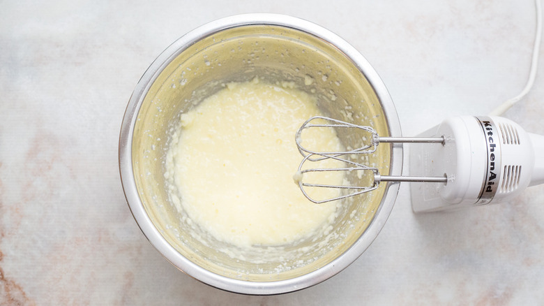 cake batter in mixing bowl