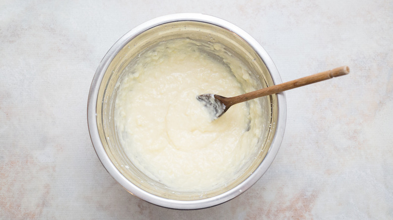 cake batter in mixing bowl