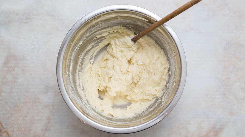 cake batter in mixing bowl