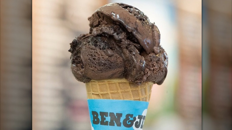 Chocolate ice cream on Ben & Jerry's waffle cone