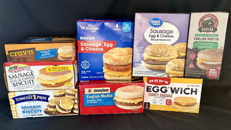 Assorted frozen sausage, egg, and cheese breakfast sandwiches