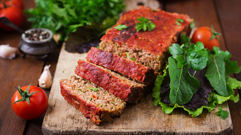 Whole, sliced meatloaf