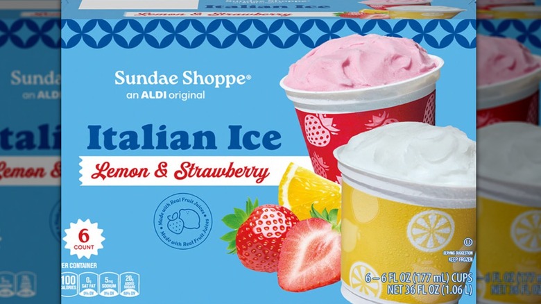 Box of Sundae Shoppe Italian Ice cups in lemon and strawberry flavors from Aldi