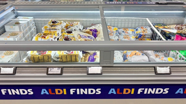 View of the freezer wall aisle and freezer island inside Aldi