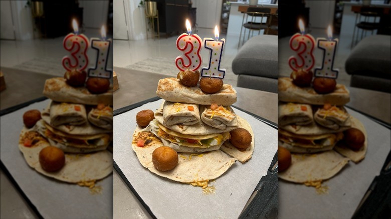 Birthday cake made with layered Taco Bell items