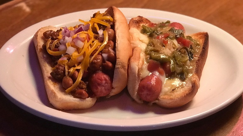 Two secret menu smother dogs on a plate at Texas roadhouse