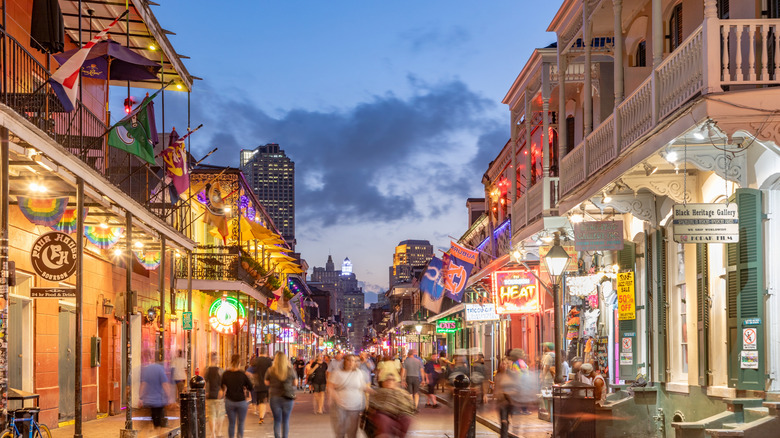 An illuminated street in New Orleans at night
