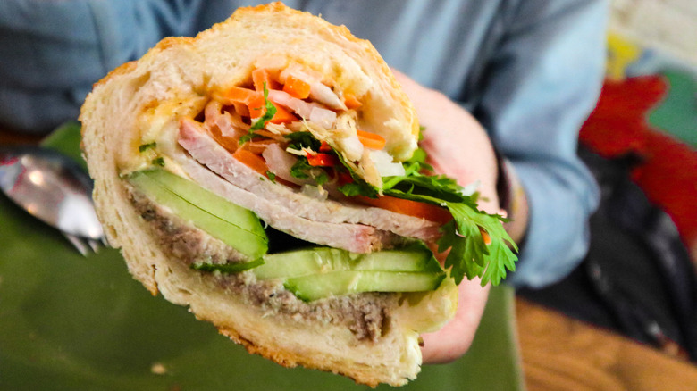 Bánh mì sandwich with cilantro, pate, and pork