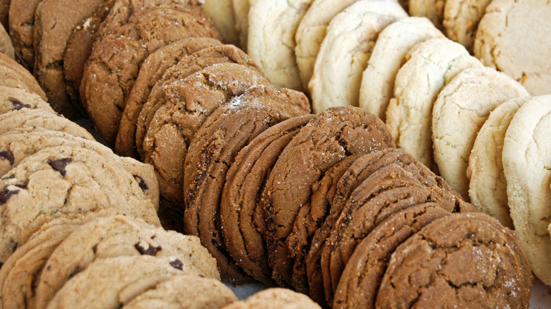 Variety of cookies arranged in rows
