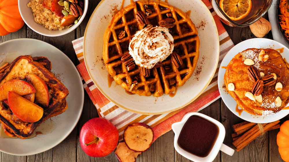 French toast, waffle, and pancake on a table