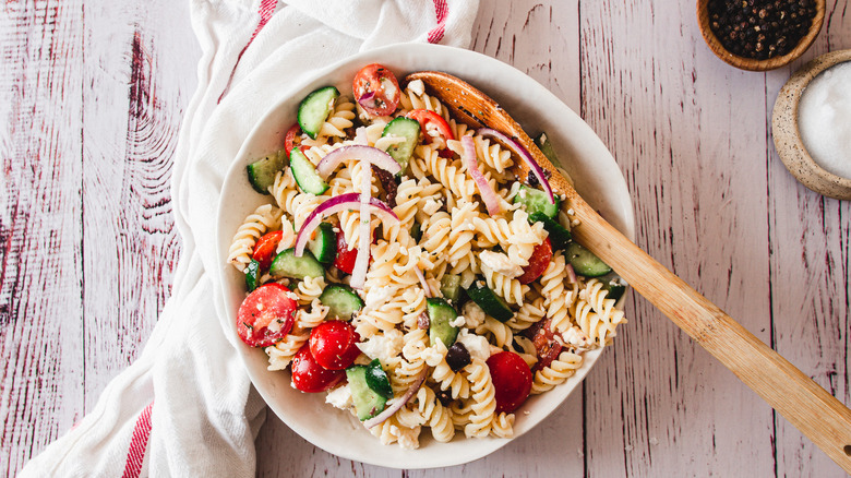bowl of Mediterranean pasta salad