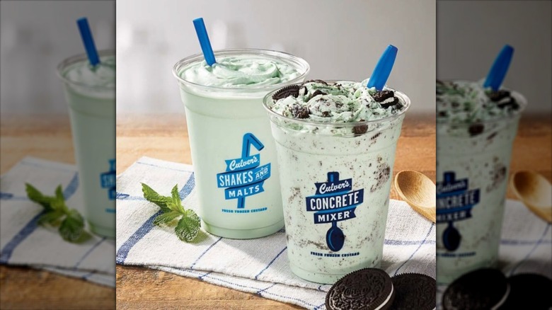 Culver's mint shake and Concrete Mixer on table.