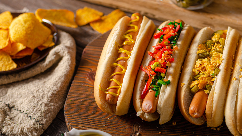 hot dogs with different toppings