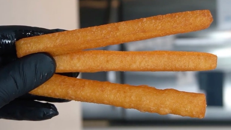 hand holding potato cheese sticks