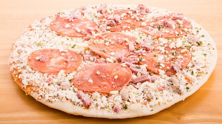 A frozen Meat Lover's pizza.
