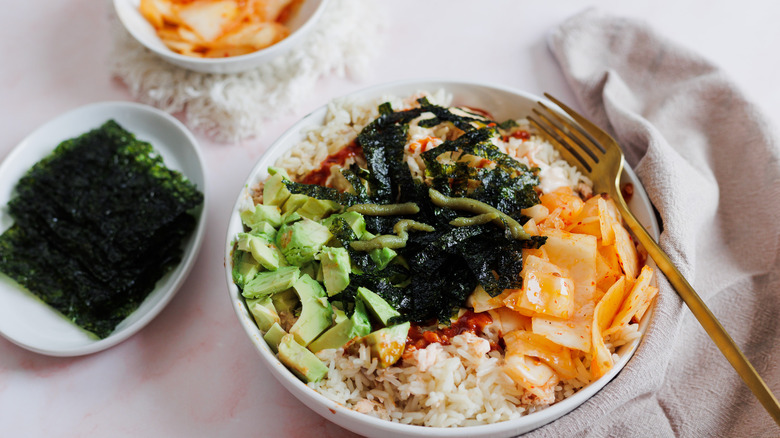 salmon rice bowl with fork 