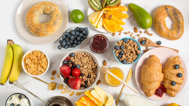 breakfast foods on white table