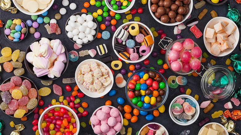 various candy in bowls