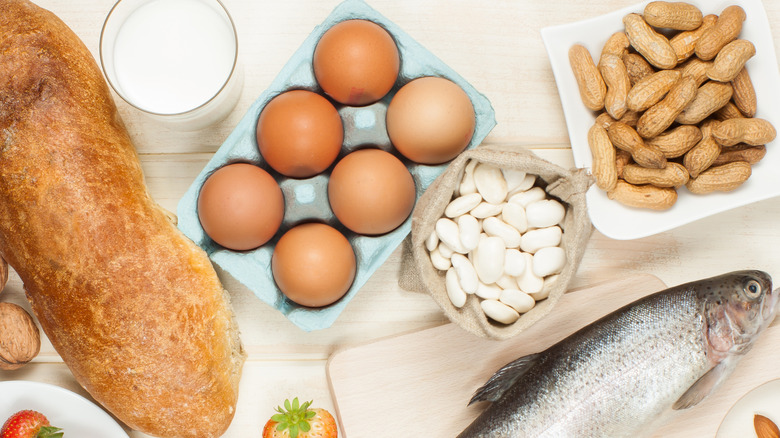 Allergy foods milk, eggs, bread, fish and nuts