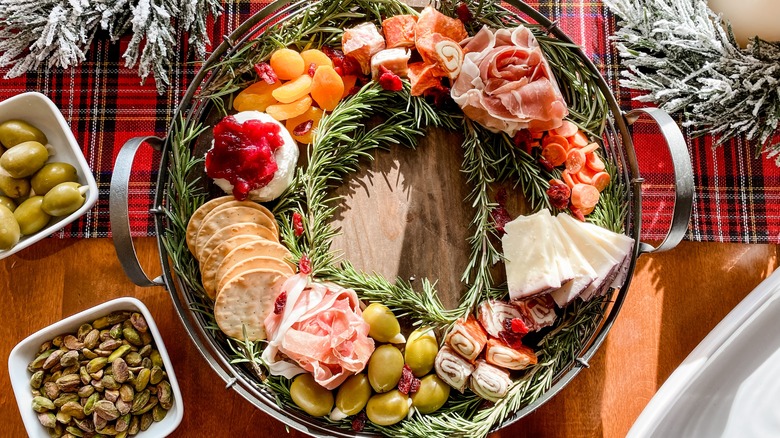 Christmas charcuterie wreath with rosemary