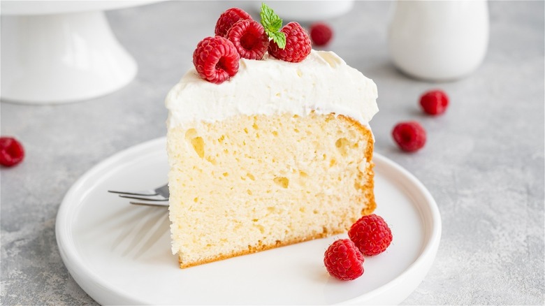 sponge cake slice with raspberries