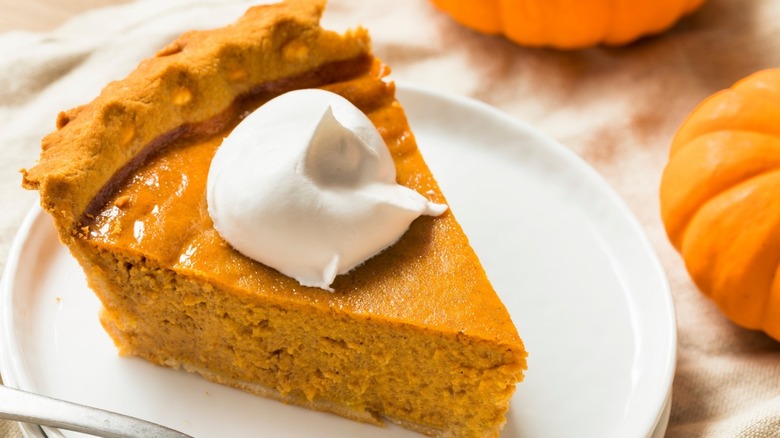 slice of pumpkin pie with whipped cream on white plate, pumpkins in background