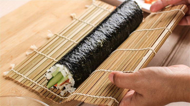 Sushi rolled on bamboo mat