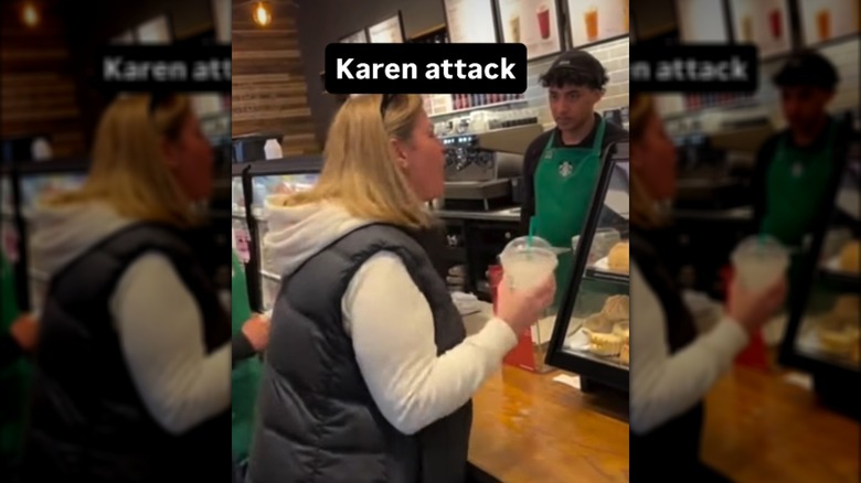 Person holding a Starbucks drink while screaming at an employee with the caption "Karen attack"