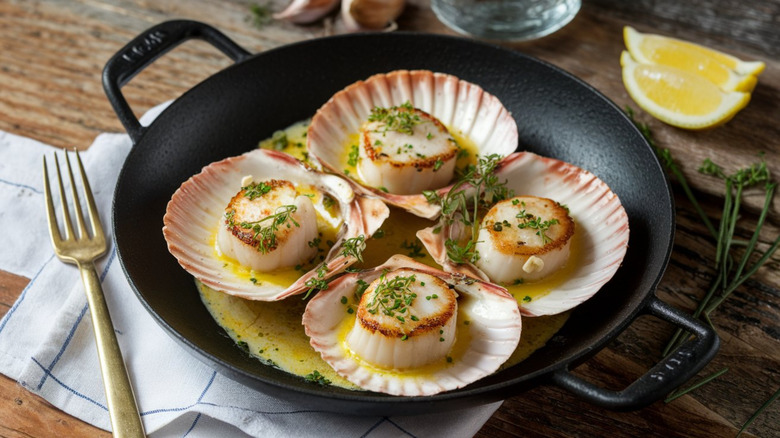 Four scallops still in their shells in a pan on a wooden table with a fork, napkin, and various ingredients