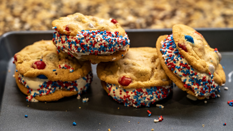 Red, white, and blue sprinkle ice cream sandwiches on tray