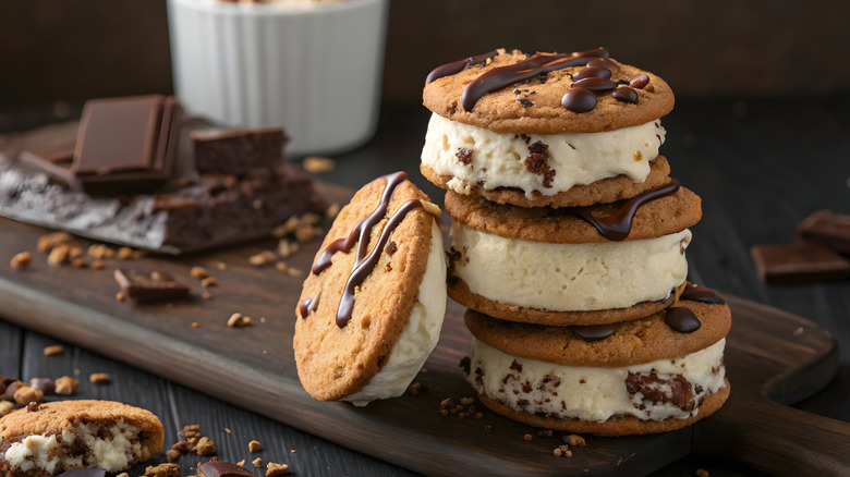 Chocolate chip cookie ice cream sandwiches with chocolate drizzle