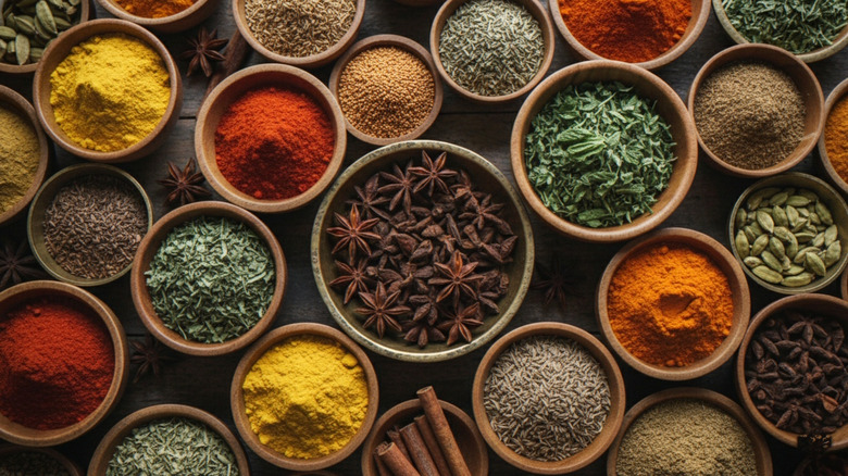 Assorted spices and herbs in bowls on a table.