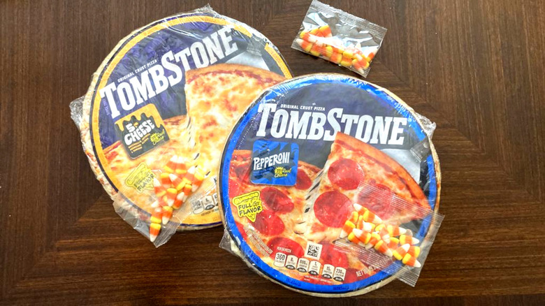 Two Tombstone candy corn pizza kits in the packaging