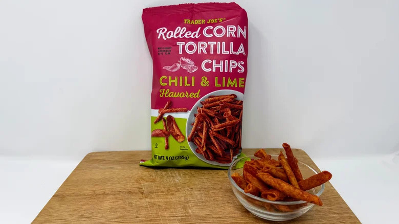 Bag of Trader Joe's chili & lime flavored rolled corn tortilla chips