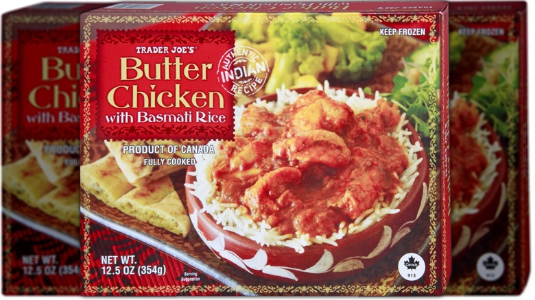 Box of prepared butter chicken with basmati rice