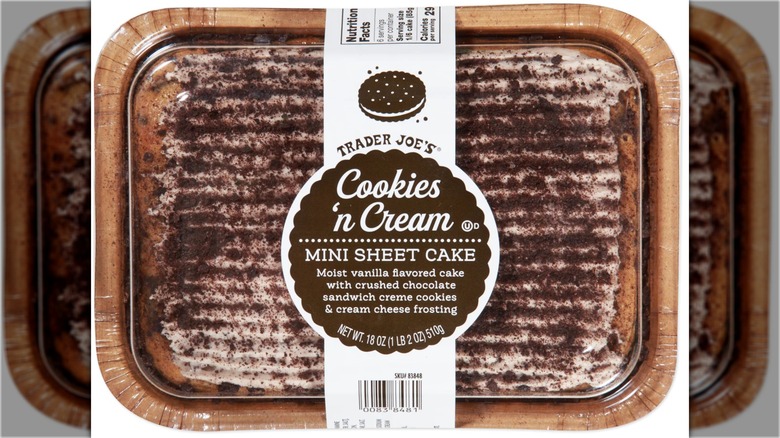 Miniature cookies and cream sheet cake in plastic packaging